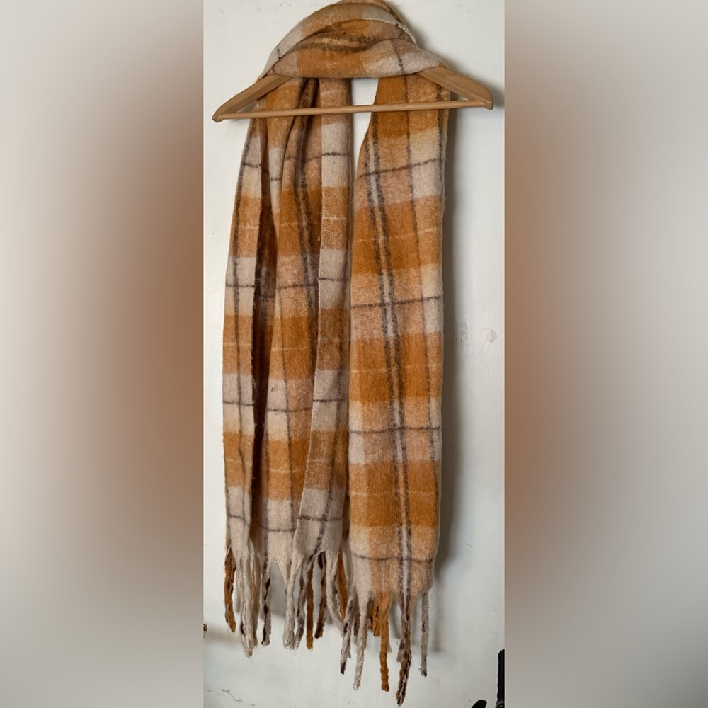 Steve Madden Plaid Fringe Scarf in Orange and Cream